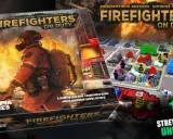 Gra planszowa "Firefighters on Duty" z bohaterem w stroju strażaka i planszą akcji.