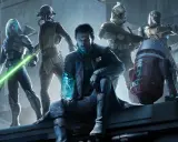 Postacie z nowej gry Star Wars: Jedi z zielonym mieczem świetlnym, droid, klony i tajemniczy mężczyzna z hologramem.