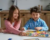 Dzieci układają drewniane litery. Wesołe gry 5+ rozwijają wyobraźnię i uczą.