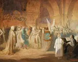 Uroczysta sala, gdzie gra fortepian Chopina, a goście w strojach z epoki bawią się i tańczą.