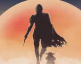 Mandalorian i Dziecko idą pod wielką, pomarańczową planetą. To jest ten sposób, mandalorian po polsku.