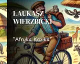 Ilustracja do "Afryka Kazika" - Łukasz Wierzbicki na rowerze w otoczeniu zwierząt i afrykańskiego krajobrazu.