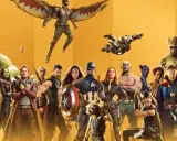 Wielka gromada marvel postacie: Hulk, Kapitan Ameryka, Thor, Iron Man, Czarna Wdowa, Star-Lord, Groot i inni gotowi do walki.