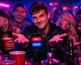 Młody mężczyzna trzyma telefon z pytaniami: "SHOT?" i "TEXT EX?". W tle śmiejący się przyjaciele. Czy kiedykolwiek pytania mocne?
