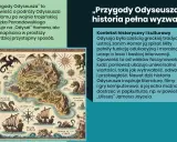 Ilustrowana mapa przedstawia odyseję Odyseusza, pełną mitycznych stworzeń i wysp, od Troi do domu.