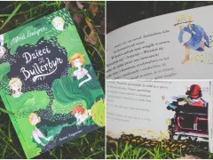 Książki dla 10 latki: "Dzieci z Bullerbyn" Astrid Lindgren z ilustracjami. Dzieci bawią się na łonie natury, a w środku strony z tekstem i rysunkami.