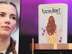 Kobieta z warkoczami obok książki "Rodzina Monet". Czytelniczka zastanawia się, od ilu lat jest rodzina monet.