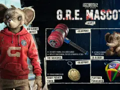 Postać z Dying Light 2 w stroju "Big Globby Outfit", młot "The Squasher", pluszowy słoń "Lil Globby" i paralotnia "Playtime Paraglider" z pakietu G.R.E. Mascot.