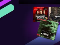 Okładki audiobooków: "Komisarz Brudny", "Bagno" i "Anubis" Przemysława Piotrowskiego.