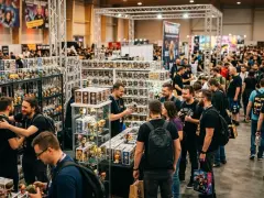 Tłumy fanów na Dniach Fantastyki Warszawa, przeglądają półki z figurkami Funko Pop.