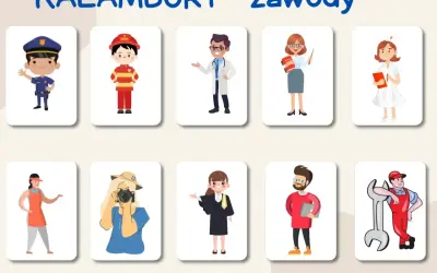 Karty z zawodami: policjant, strażak, lekarz, nauczycielka, pielęgniarka, sprzedawczyni, fotografka, prawniczka, pracownik biurowy, mechanik. To świetny sposób na naukę, co to są kalambury!