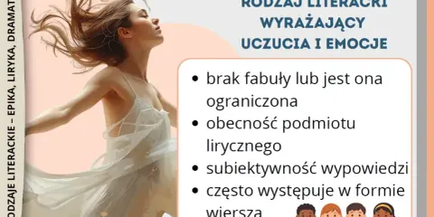 Liryka – rodzaj literacki wyrażający uczucia i emocje, często w formie wiersza. Obraz przedstawia tańczącą kobietę, symbolizującą wolność i ekspresję.