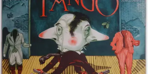Plakat teatralny "Tango" Mrożka: groteskowa postać na kołysce, obok ubrania bez głów.
