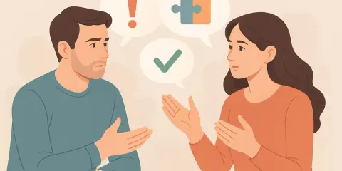 Para, która próbuje rozwiązać problem. Kobieta mówi, a mężczyzna słucha. Dokończ zdanie gra.