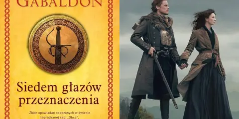 Okładka książki Diany Gabaldon "Siedem głazów przeznaczenia" i para z serialu "Outlander". Idealne dla fanów sagi Diana Gabaldon kolejność.