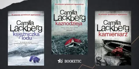 Okładki książek z serii Camilla Läckberg: "Księżniczka z lodu", "Kaznodzieja" i "Kamieniarz".