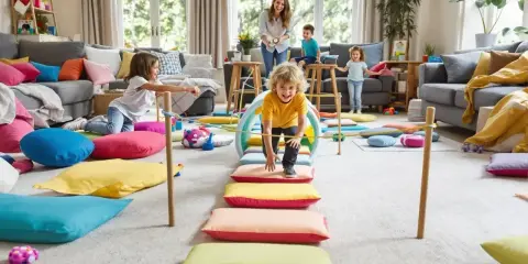Radosne aktywne zabawy dla 4 latka w domu! Dzieci pokonują tor przeszkód z poduszek i tunelu, mama kibicuje.