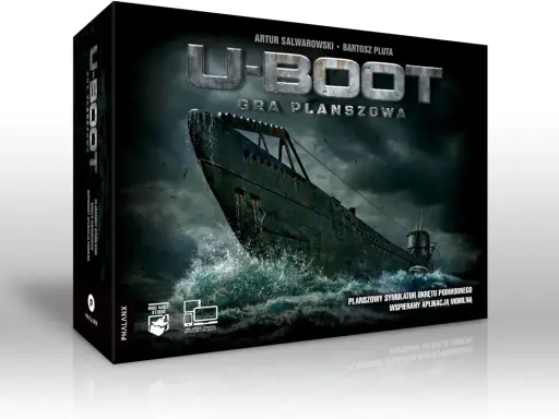 U-Boot gra planszowa. Mroczny okręt podwodny wynurza się z wzburzonych fal pod burzowym niebem.