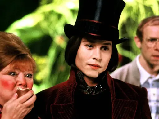 Johnny Depp jako Willy Wonka w filmie. Obok niego Veruca Salt i jej ojciec.