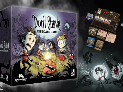 Pudełko gry planszowej "Don't Starve: The Board Game" z postaciami i potworami. Obok plansza gracza i karty.