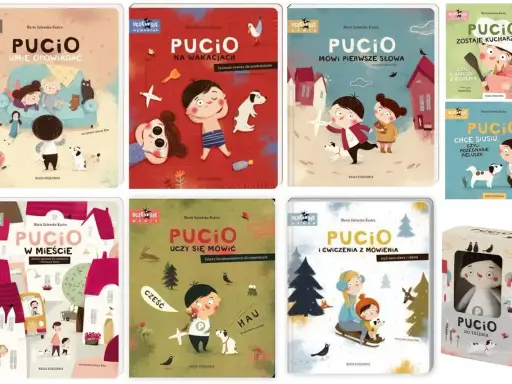 Książki z Pucio: "Pucio umie opowiadać", "Pucio na wakacjach", "Pucio mówi pierwsze słowa", "Pucio zostaje kucharzem", "Pucio w mieście", "Pucio uczy się mówić", "Pucio i ćwiczenia z mówienia" oraz maskotka Pucio.