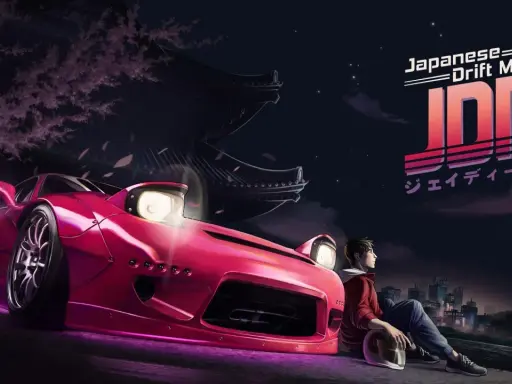 Japońska gra komputerowa "Japanese Drift Master" z różowym samochodem i młodym kierowcą pod kwitnącą wiśnią i nocnym miastem.