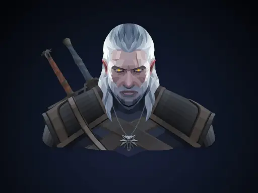 Geralt z Rivii, wiedźmin z wilczym medalionem i dwoma mieczami, patrzy groźnie. Jego oczy świecą na żółto, a twarz naznaczona jest bliznami.