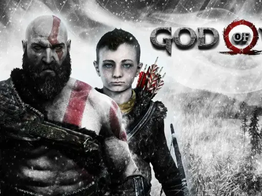 Kratos i Atreus w śnieżnym lesie. Czas gry w God of War właśnie się rozpoczął.
