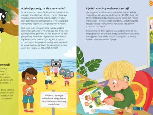 Ilustracja z książki dla 5 latka: dzieci bawią się z pluszakami, chłopiec rysuje, kot zagląda przez drzwi.