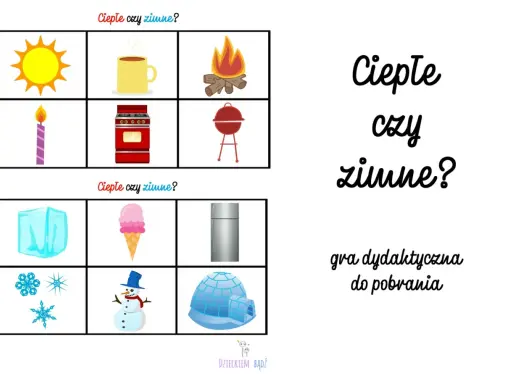 Gra "Ciepłe czy zimne?" z obrazkami: słońce, kubek, ognisko, świeca, kuchenka, grill, lód, lody, lodówka, płatki śniegu, bałwan, igloo.