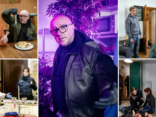 Policja prowadzi śledztwo w sprawie podejrzanej działalności. Widać funkcjonariuszy w akcji, przesłuchania i zabezpieczanie dowodów.
