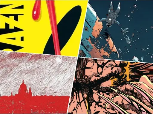 Kolaż z najlepszymi komiksami: neonowy napis, astronauci w kosmosie, czerwona panorama miasta i Wolverine.