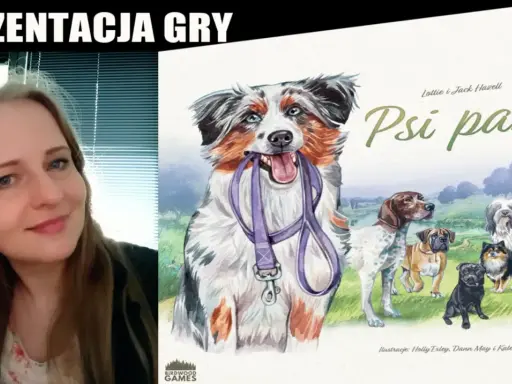 Kobieta prezentuje grę planszową "Psi park" z wesołymi psami na okładce.