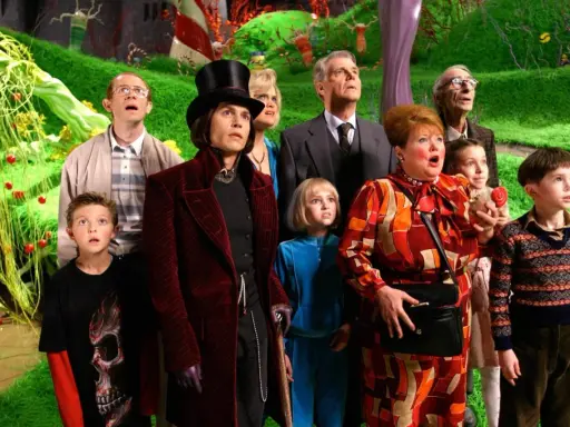 Charlie i fabryka czekolady aktorzy: Willy Wonka, Charlie Bucket i inni uczestnicy wycieczki z zachwytem patrzą na magiczną fabrykę.
