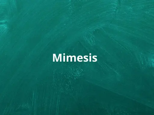 Biały napis "Mimesis" na zielonej tablicy. To pojęcie kluczowe dla zrozumienia, jak literatura naśladuje rzeczywistość.