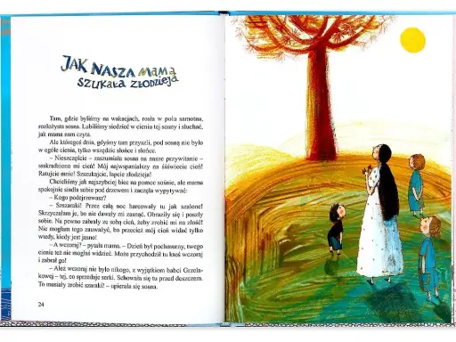 Nasza mama czarodziejka szuka złodzieja cienia. Ilustracja z książki przedstawia mamę i dzieci patrzące w górę na drzewo i słońce.