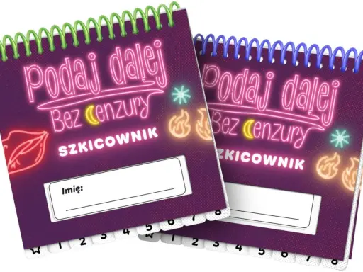 Dwa szkicowniki "Podaj dalej bez cenzury" z neonowymi ustami i płomieniami. Idealne do swobodnych notatek i rysunków.