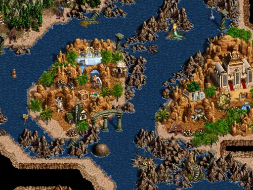 Wyspa z budynkami i jednostkami, przypominająca mapę z Heroes 3. Przystań dla bohaterów, pełna skarbów i tajemnic.