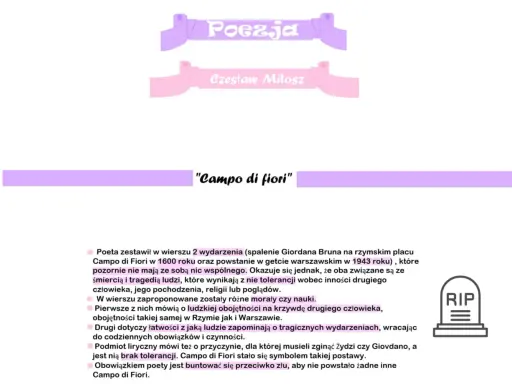 Wiersz "Campo di fiori" Czesława Miłosza zestawia spalenie Giordana Bruna i powstanie w getcie warszawskim, ukazując obojętność i brak tolerancji.