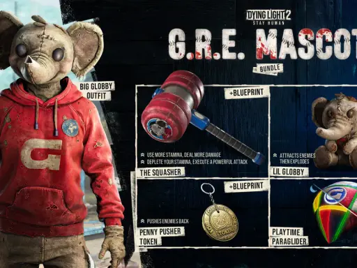 Postać z Dying Light 2 w stroju "Big Globby Outfit", młot "The Squasher", pluszowy słoń "Lil Globby" i paralotnia "Playtime Paraglider" z pakietu G.R.E. Mascot.