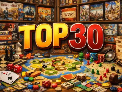 Planszówki na półkach i stole: "TOP 30" gier, kości, karty, pionki i plansza.