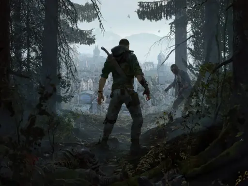 Gracz w Dying Light przygotowuje się do walki z zombie, miasto w tle. Czas gry toczy się dalej.