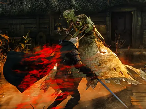 Geralt walczy z upiorem w płomieniach, to trudne zadanie poboczne.