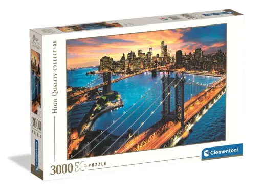 Puzzle 3000 wymiary: nocny widok Manhattanu z mostami i drapaczami chmur w zachodzącym słońcu.