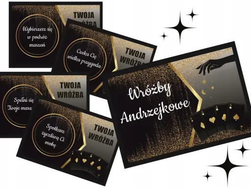Złote karty i błyszczące napisy zapowiadają magiczne gry na andrzejki: "Wybierzesz się w podróż marzeń", "Czeka Cię wielka przygoda", "Spełni się Twoje marz", "Spotkasz życzliwą Ci osobę".
