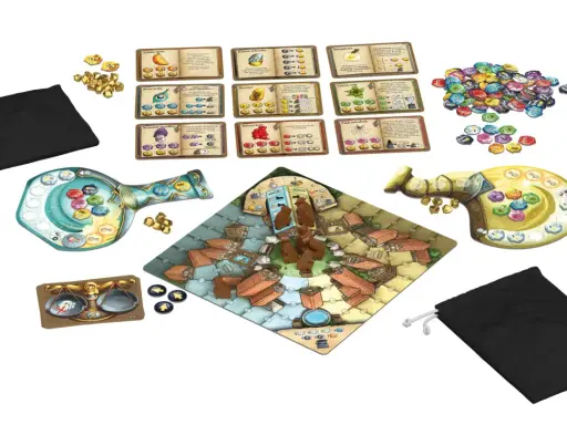 Gra planszowa "Szarlatani z Pasikurowic" BGG. Kolorowe żetony, plansza z miasteczkiem, karty składników i woreczki.