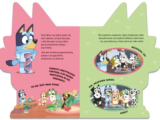 Bluey i jej rodzina bawią się w lekarza. Wesołe postacie Bluey i jej przyjaciół w różnych scenkach.