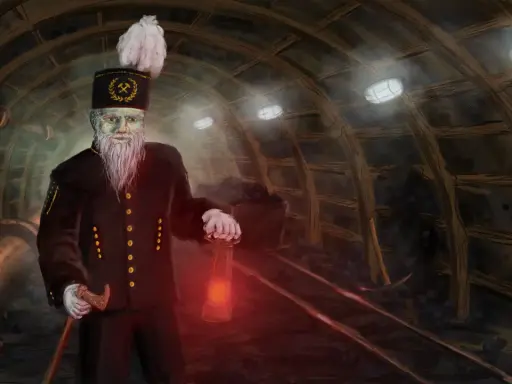 Opiekuńczy duch kopalni, z latarką w dłoni, czuwa nad górnikami w ciemnym tunelu.