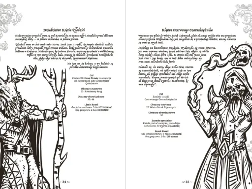 Ilustracje z gry planszowej: postać z rogami i kostiumem, oraz szkielet w kapturze. Opisy misji i zasad gry.