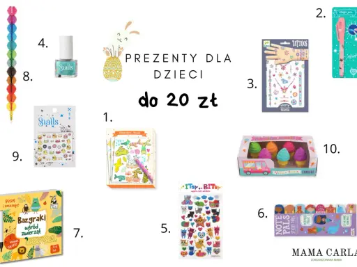 Wielkanocne prezenty dla dzieci do 20 zł: tatuaże, magiczne długopisy, naklejki, lakiery do paznokci, mazaki i gumki w kształcie lodów.